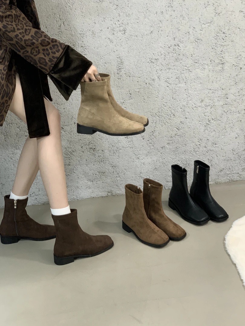 粗跟绒面韩系小踝靴女鞋2025新款秋冬季新款马丁靴咖色瘦瘦短靴子