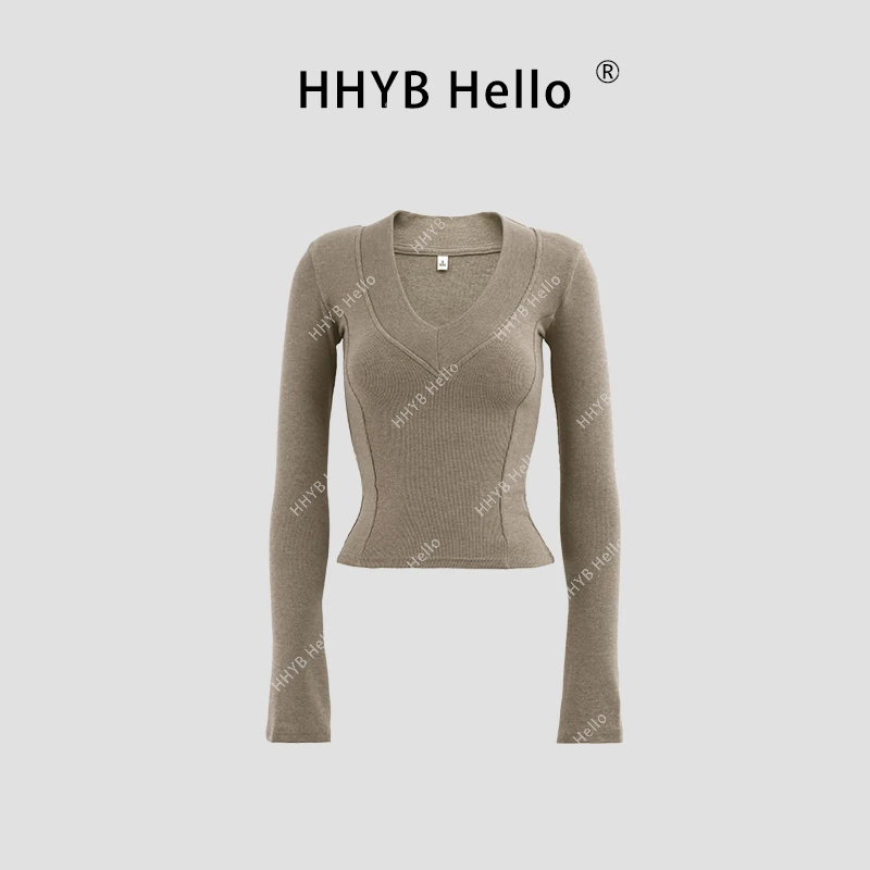 HHYB Hello百搭简约V领带垫肩长袖修身显瘦纯色打底衫女240608