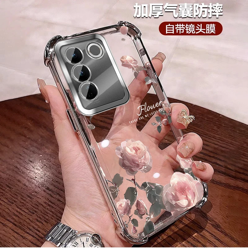 公主风适用vivos16手机壳气囊四角防摔S16Pro透明全包镜头膜 轻奢