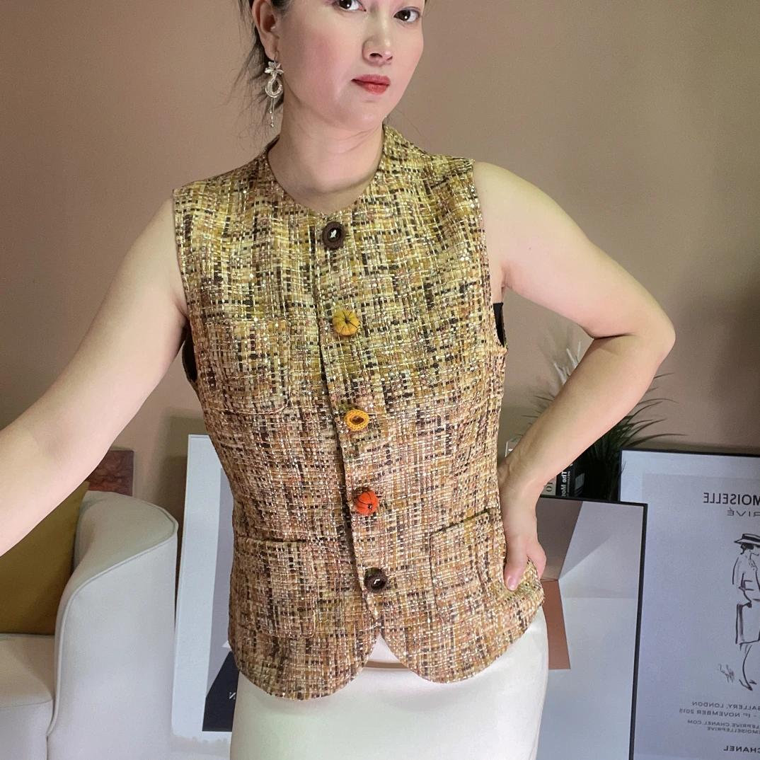 显白季气质名媛小香风精花呢马甲女装早秋收腰显瘦背心