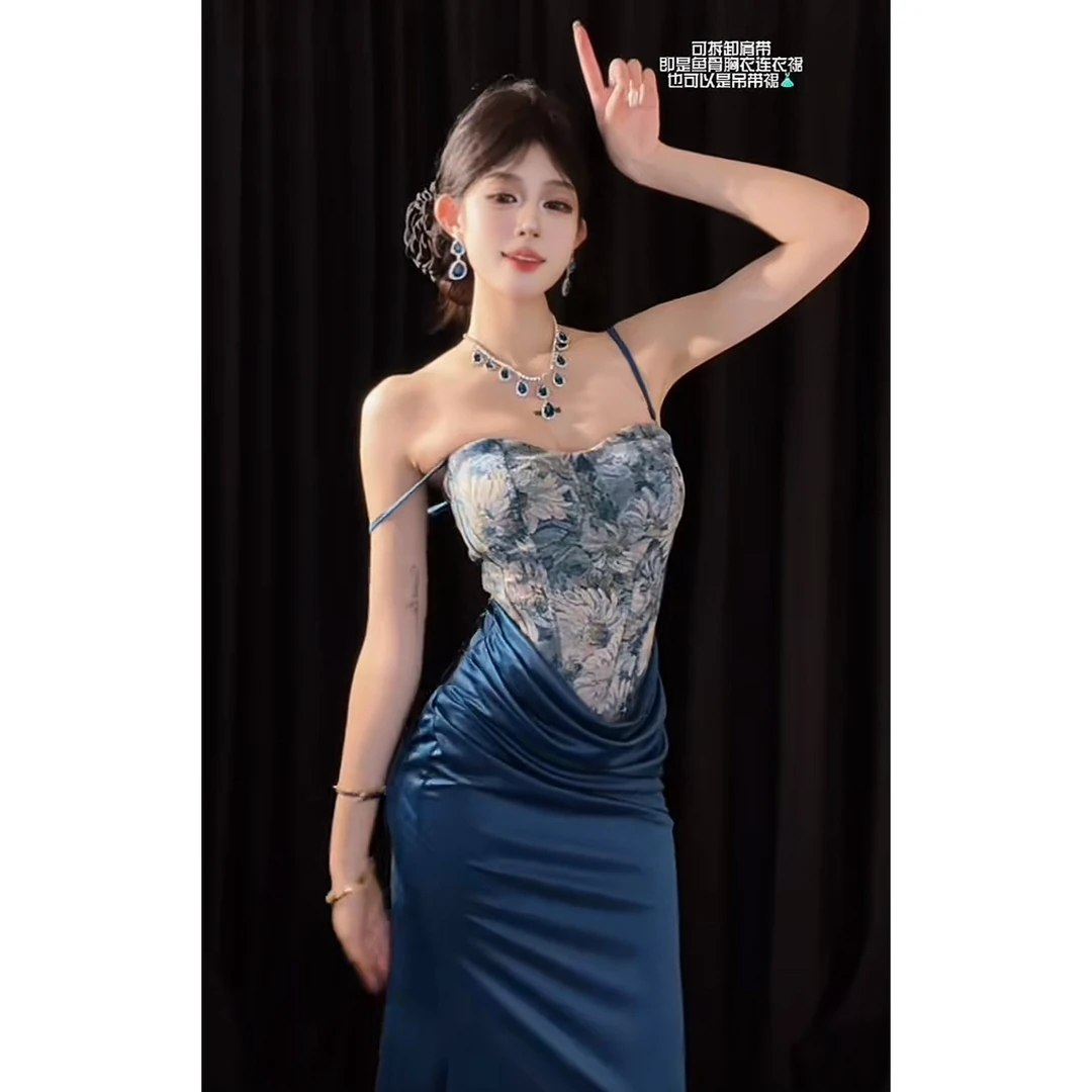 小莹日记【高雅秘韵】设计感鱼骨胸衣修身显瘦连衣裙QXQHZ48943