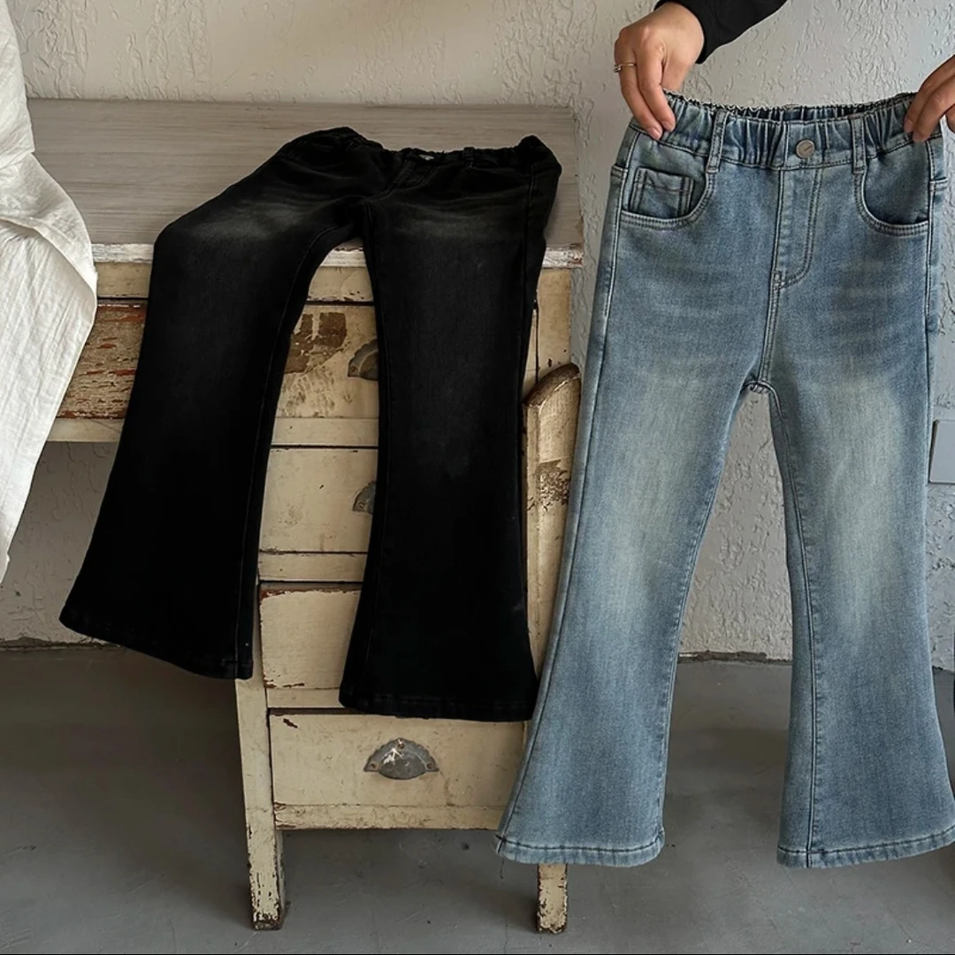 中大童女童裤子2024冬季加绒一体绒牛仔裤洋气时尚喇叭裤GJ008