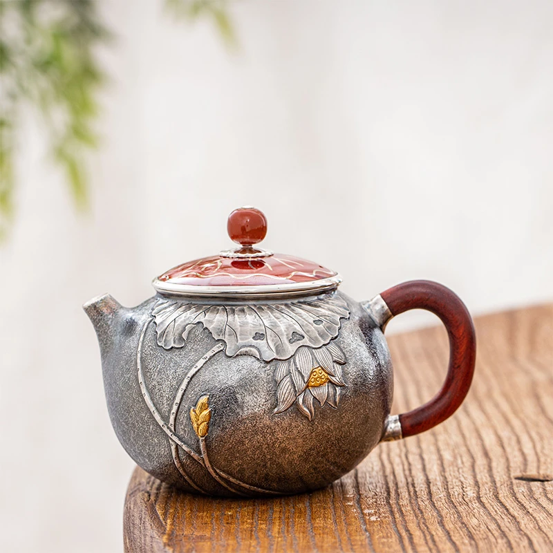 蜂鸟工坊 名匠优选 木把铜盖錾刻荷花鱼苹果小壶 MJYXA1106