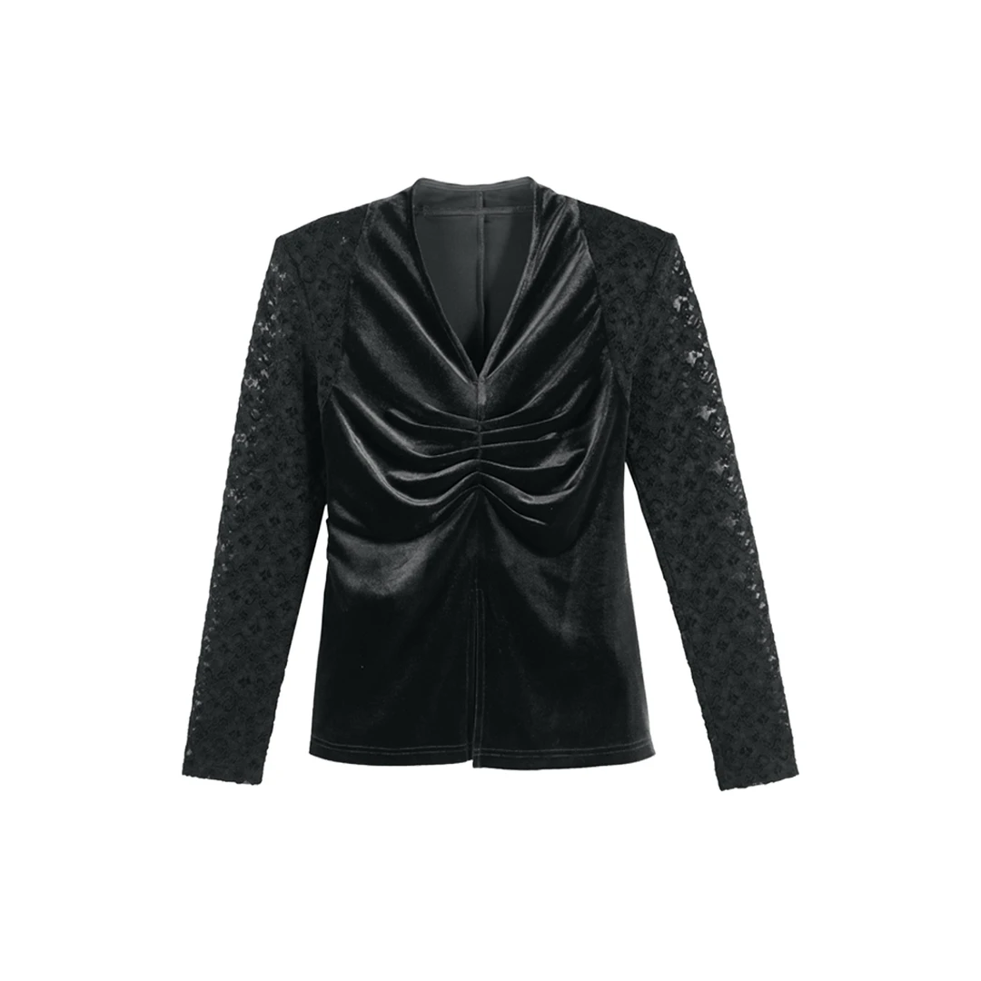 清！「京京」秋季御姐风蕾丝拼接长袖V领丝绒上衣HBZX710020