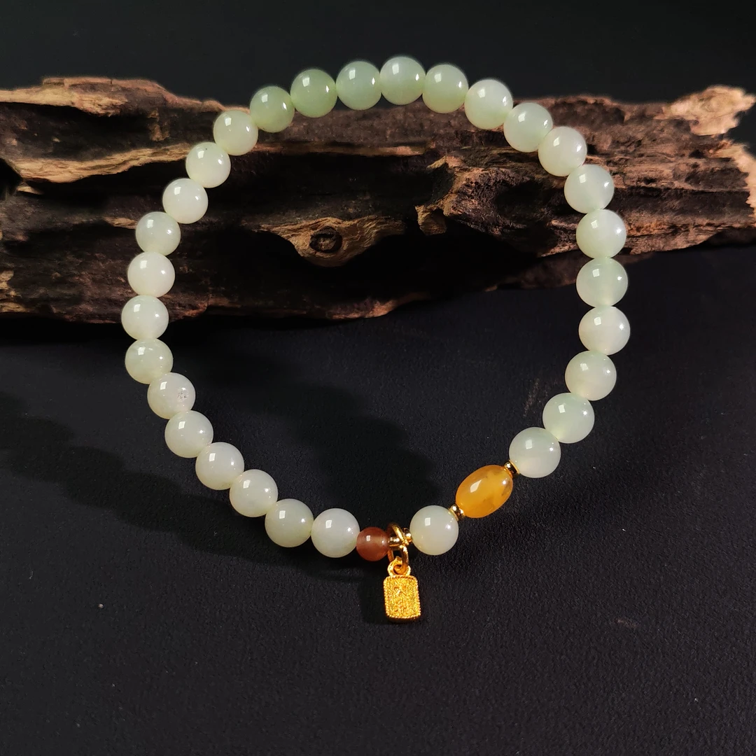 【华之京】和田玉浅晴水6mm手串+南红+蜜蜡时尚百搭款