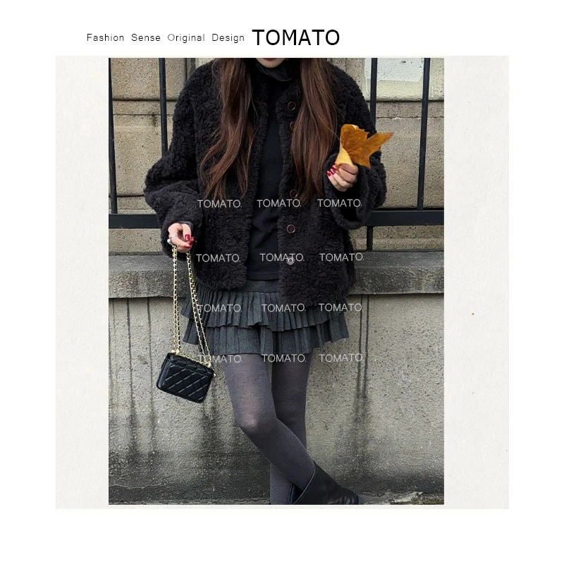 TomaTo-秋季新款高腰显瘦短裙设计感百褶半身裙 C25Q18920