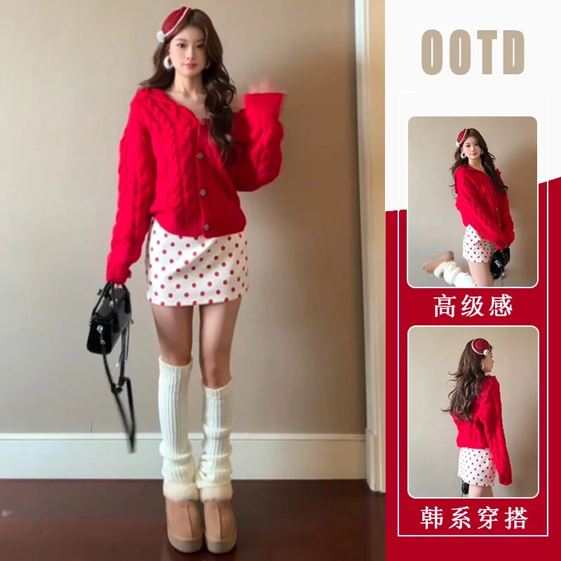 冬2025新款法兰西红圣诞新年氛围感长袖开衫上衣波点半身裙两件套