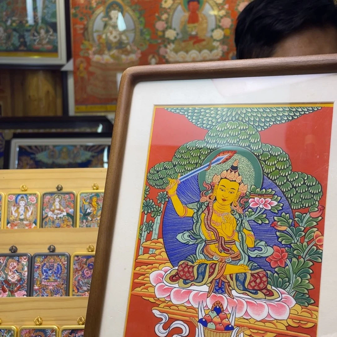 周***周装裱画热贡纯手绘唐卡文殊桌摆