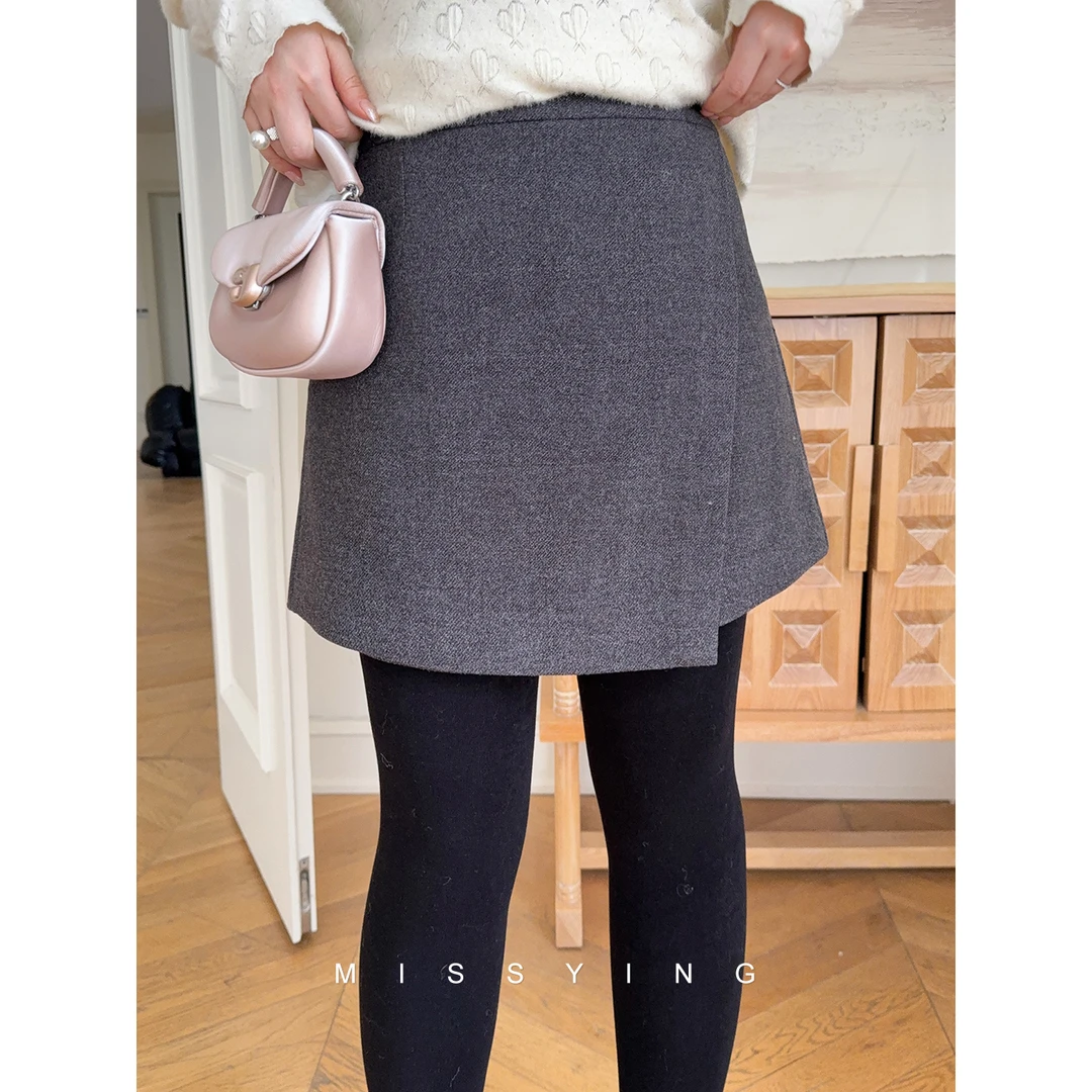 应小姐【优越比例】微胖大码冬季高腰保暖温柔斜纹毛呢假两件短裙裤