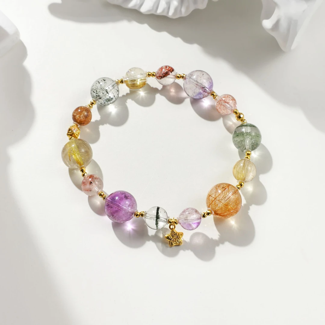 【五路福星】超七绿幽灵金发晶18K金天然水晶福旺三代五福临门全能