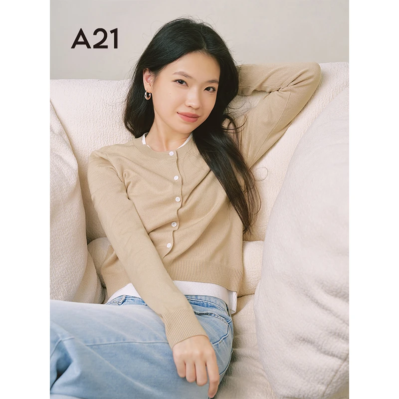 A21女装撞色圆领假两件毛针织衫春季新款开衫长袖上衣F451243005