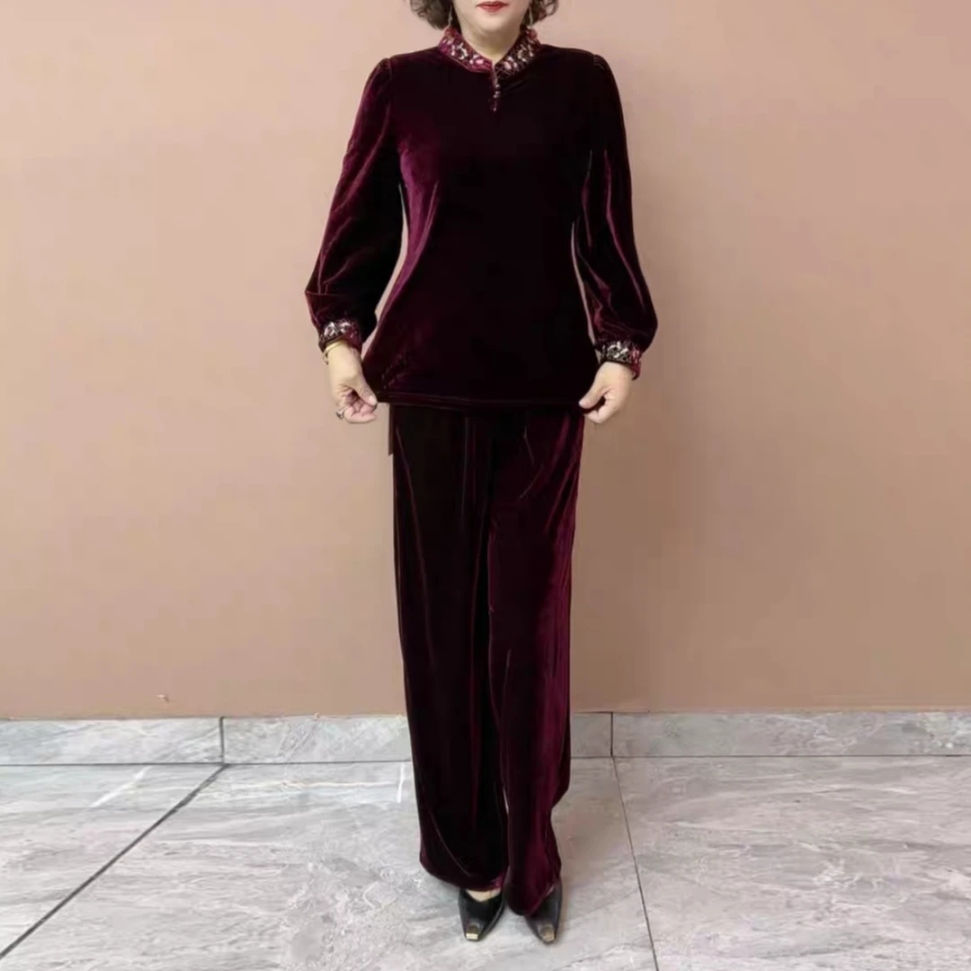 中老年女装国风重工刺绣妈妈套装休闲阔腿裤丝绒宽松显瘦