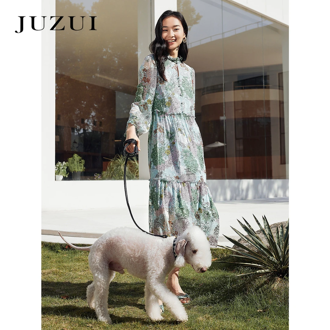 【荷塘月色】JUZUI玖姿商场同款桑蚕丝优雅连衣裙2025新款JWFC50058