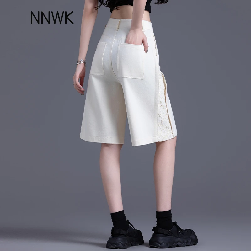 象牙黄牛仔短裤2025夏季新款女蕾丝拼接五分裤薄款高腰阔腿休闲裤