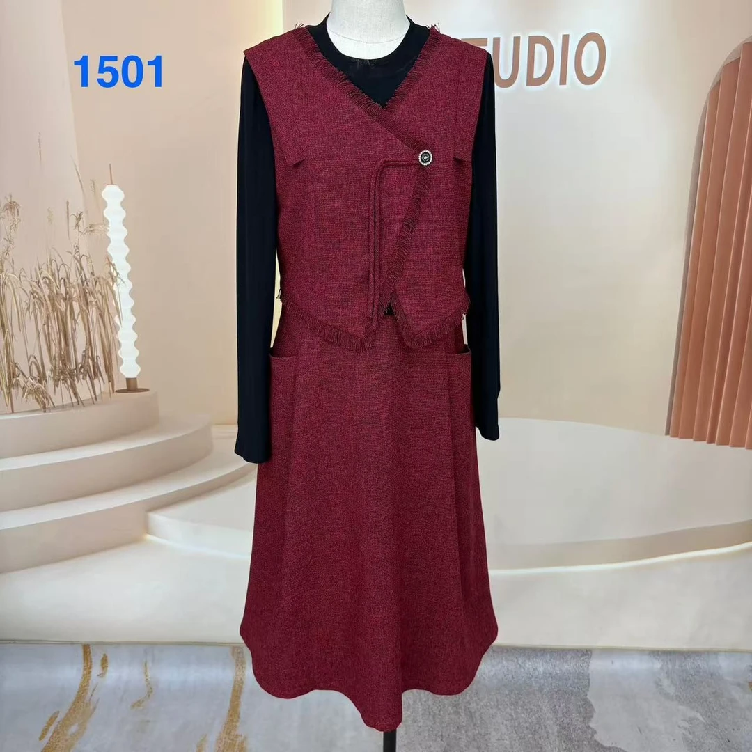 圆领5041春秋冬三季中国风植绒连衣裙女款针织潮流拼接