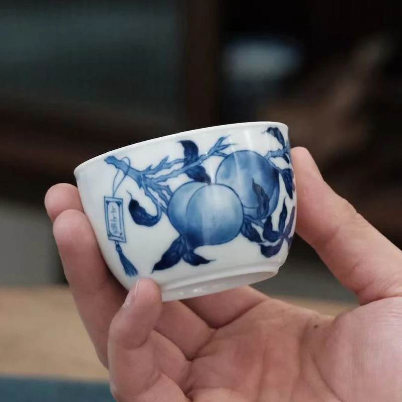 五里雾青花寿桃主人杯仿明代高端茶具景德镇手工手绘茶具器具男士