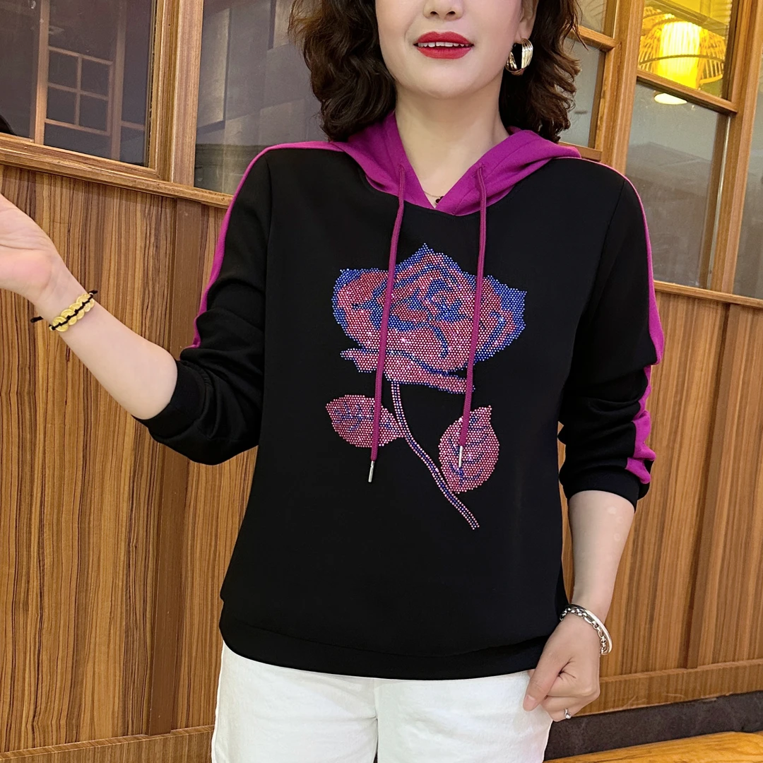 2025春季新款烫钻连帽套头卫衣女士洋气休闲显瘦长袖时尚上衣Y502