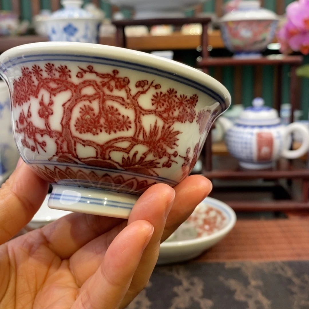 手工陶瓷全红松竹梅压手杯