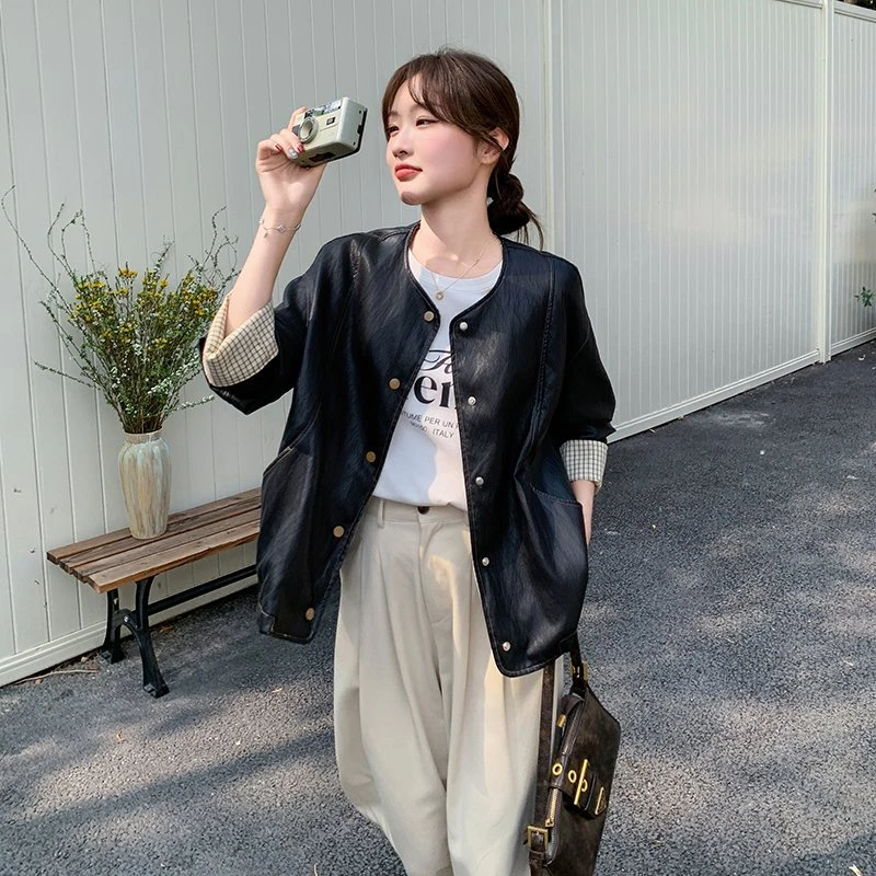 黑色炸街松弛感格子拼接PU皮外套女2025春季新款韩系宽松时尚上衣
