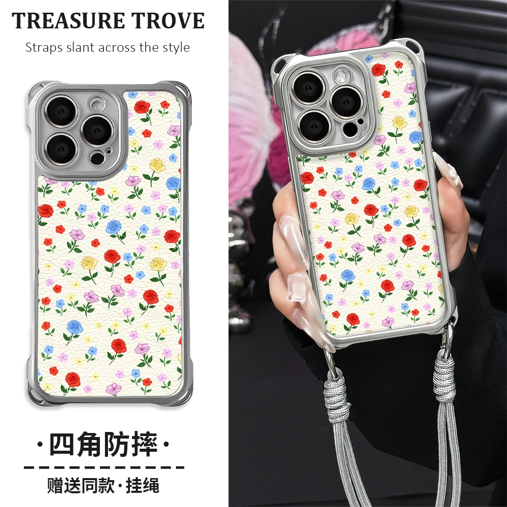 适用于苹果16华为OPPO小米VIVO潮流创意电镀四角挂绳手机壳YA0292