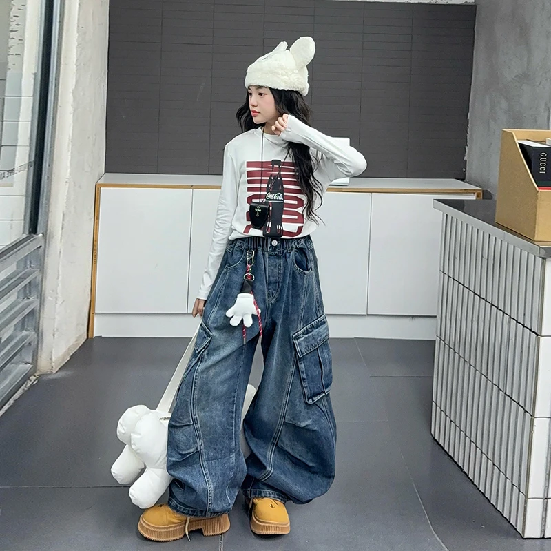 【毛妈潮牌】女童春秋潮酷牛仔工装裤套装2025新款时髦洋气两件套