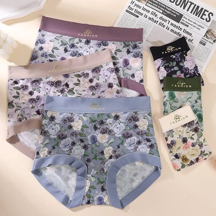 软糯裸感印花高腰内裤女透气抑菌底档新款弹力无痕包臀女士三角裤