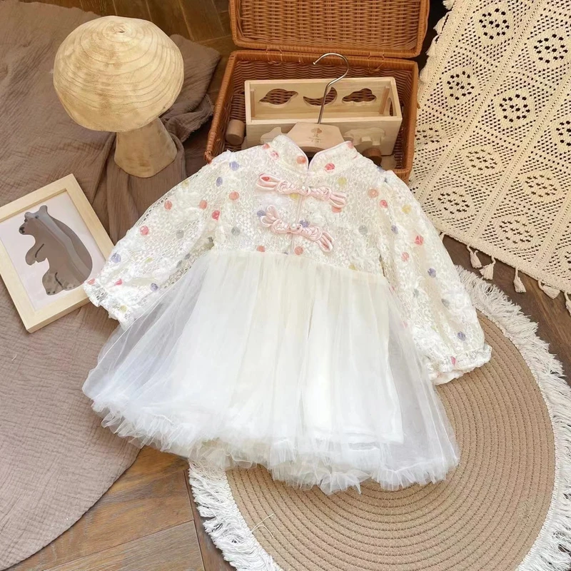 【现货】CQ249092春秋新款儿童连衣裙女童长袖洋气蕾丝女宝裙子