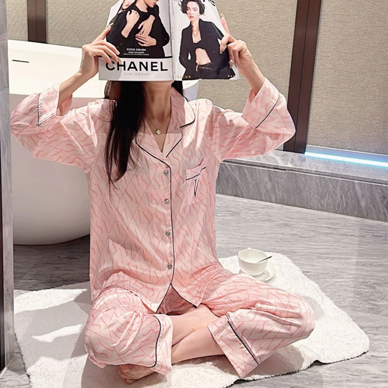 睡衣女春秋季冰丝绸缎维密同款短袖长袖字母少女高级感家居服套装