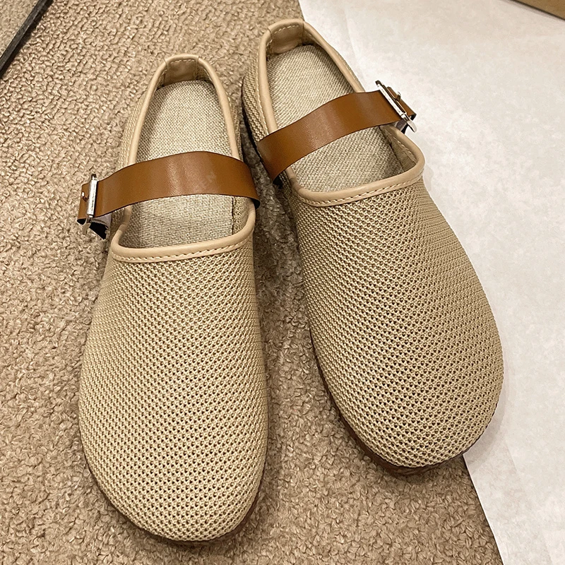 意迪森包头半拖鞋女2025新款夏外穿网面透气百搭亚麻软底女凉拖鞋