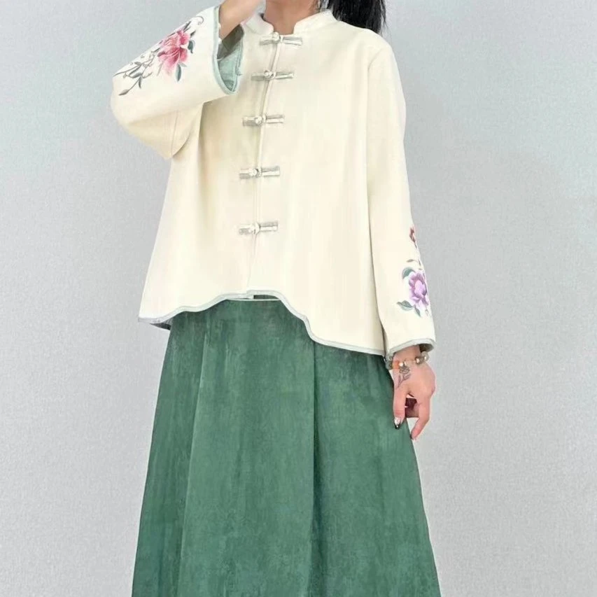 【胖宝推荐】新款高档茶艺师茶服国风绣花盘扣中式呢子大衣外套9760