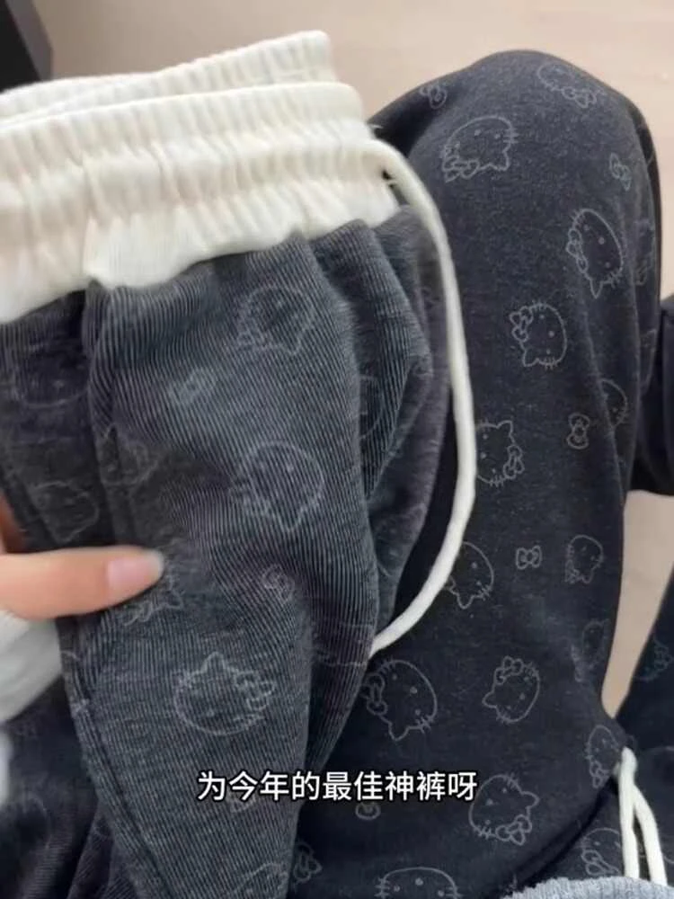 大码女装可爱kitty猫糯米裤子春秋季新款学生宽松直筒休闲阔腿裤