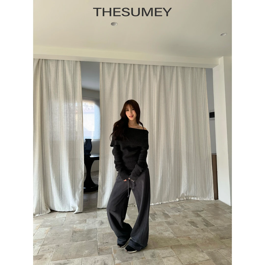 THESUMEY设计感拼接直筒休闲裤女春夏2025新款松紧腰显瘦百搭卫裤