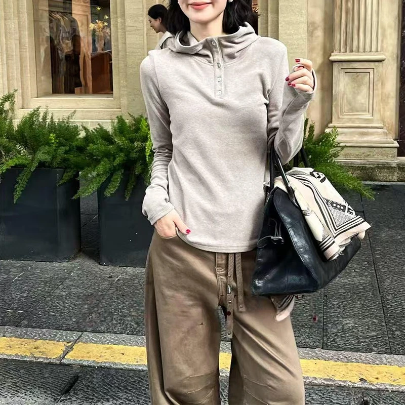 欧货绒感时尚T恤女2026年新款秋冬季保暖升级系列连帽上衣高级感