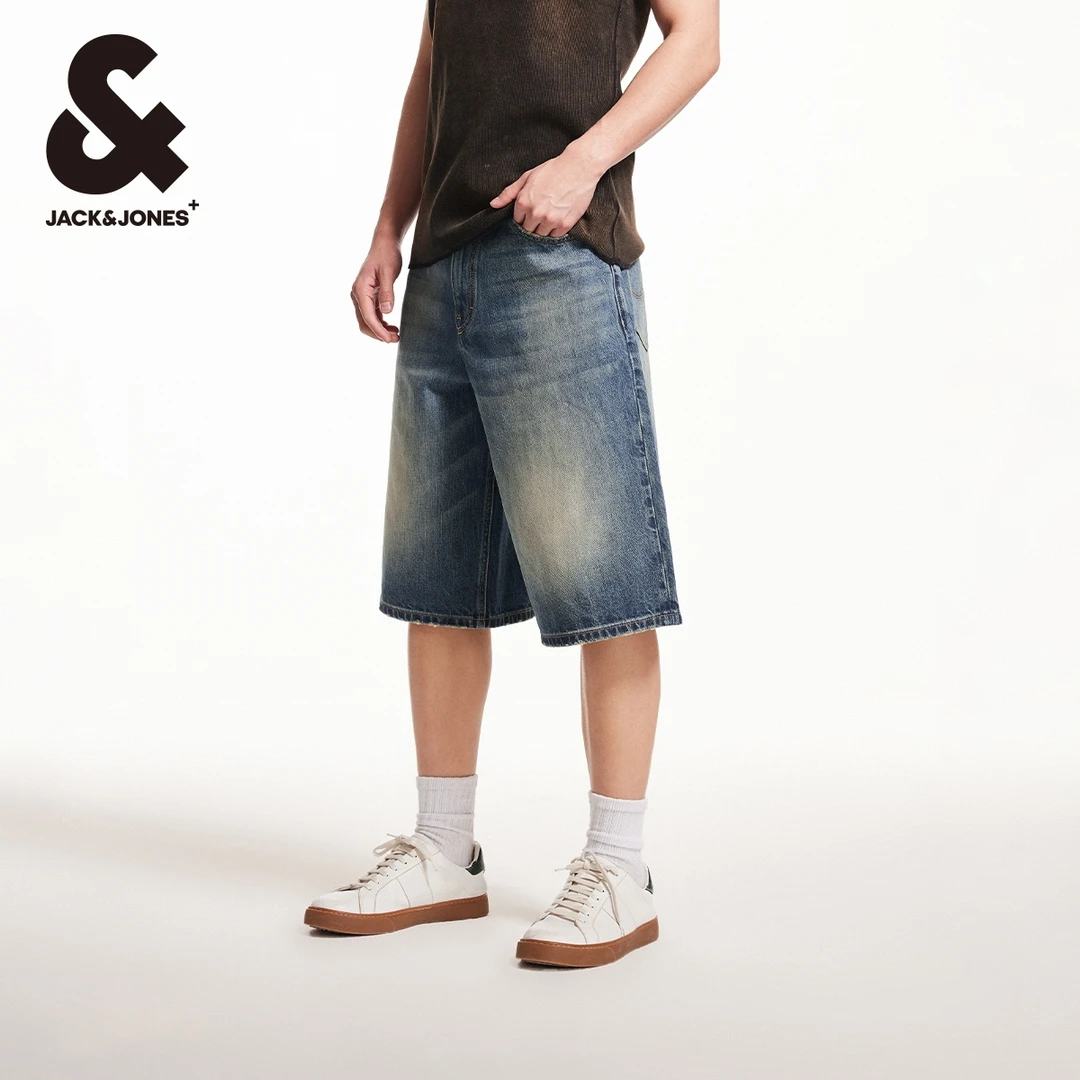 杰克琼斯夏季新款柔和亲肤百搭舒适纯棉猫须水洗廓形牛仔短裤男装