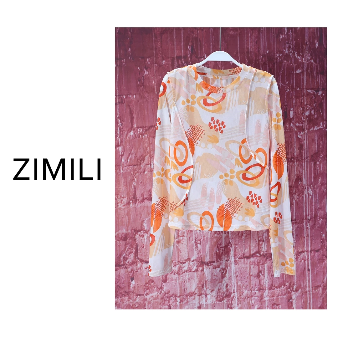 【亮哥女装】2025欧版新品杏仁黄时尚印花圆领高弹网纱上衣7252-K7