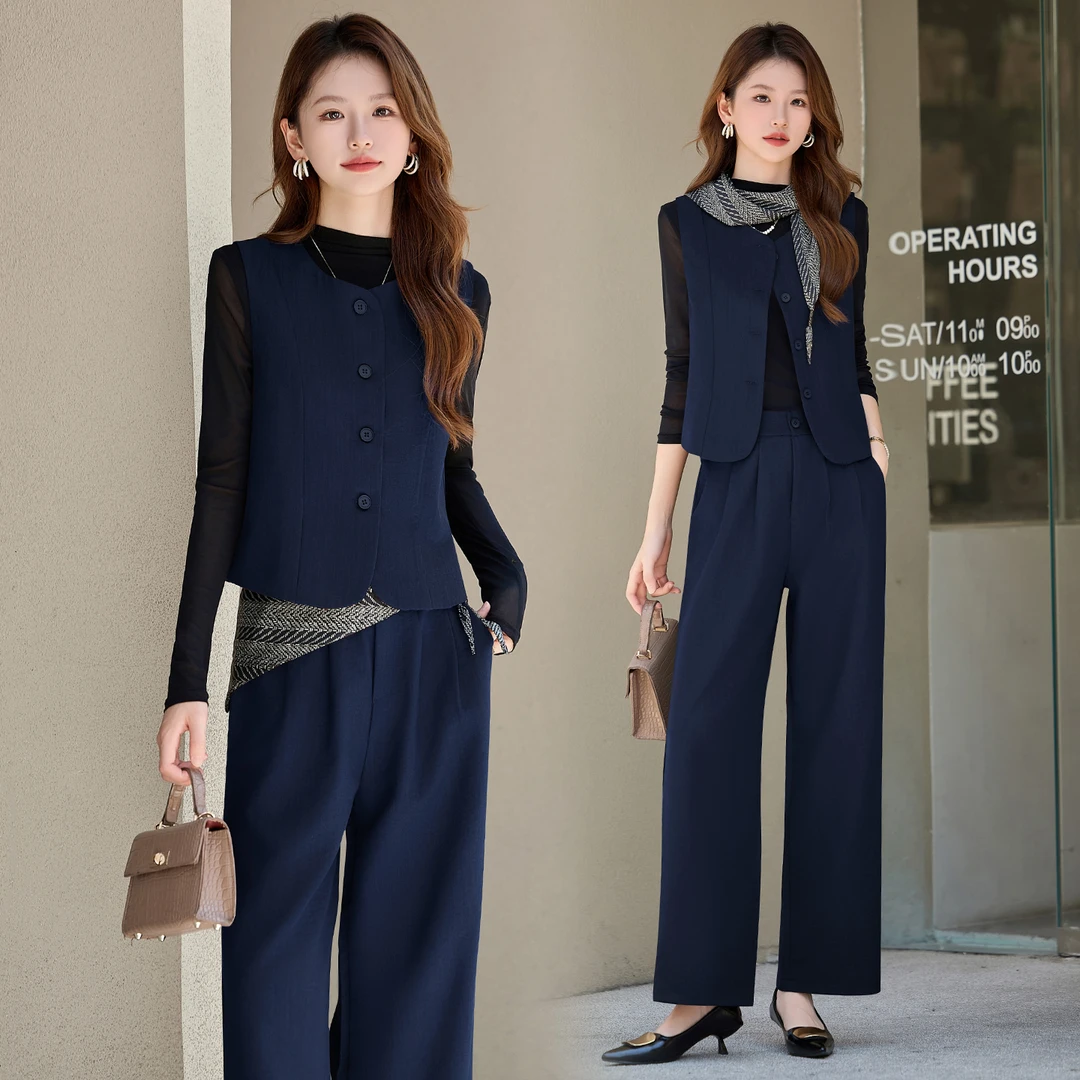 时尚套装女2025秋季新款洋气显瘦西装马甲背心打底衫阔腿裤四件套
