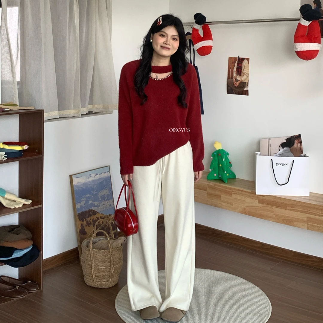 QINGYUS-红色毛衣设计重工钉珠针织衫微胖显瘦宽松减龄上衣大码