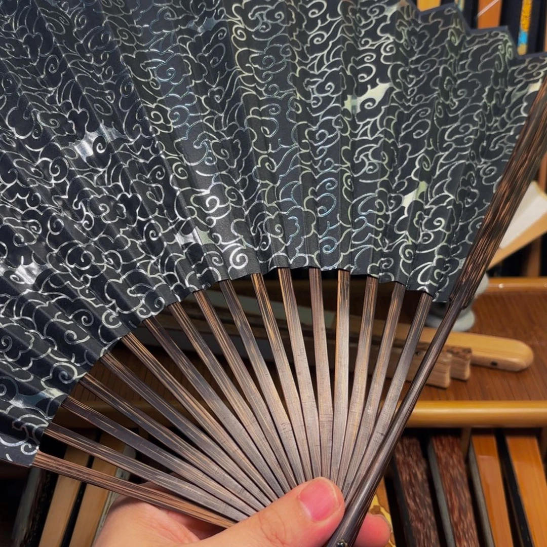 扇子全棕祥云银色