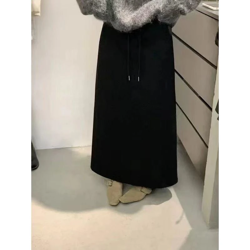 8605号3008#秋冬宽腰头一体绒韩版无口袋细抽绳直筒后开叉半身裙