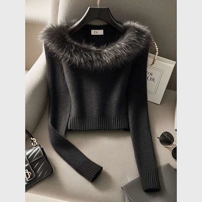 黑色毛领拼接露肩针织衫女早春小众设计感短款显瘦内搭打底衫上衣