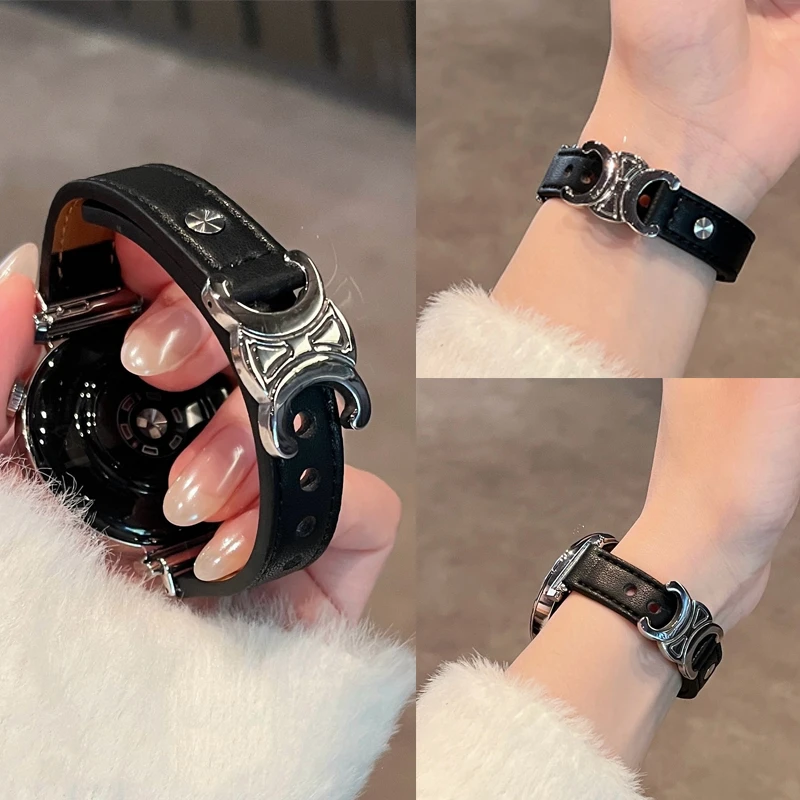 适用华为轻奢感双钉金属扣皮质手表表带GT3GT4proGT5watch3watch4