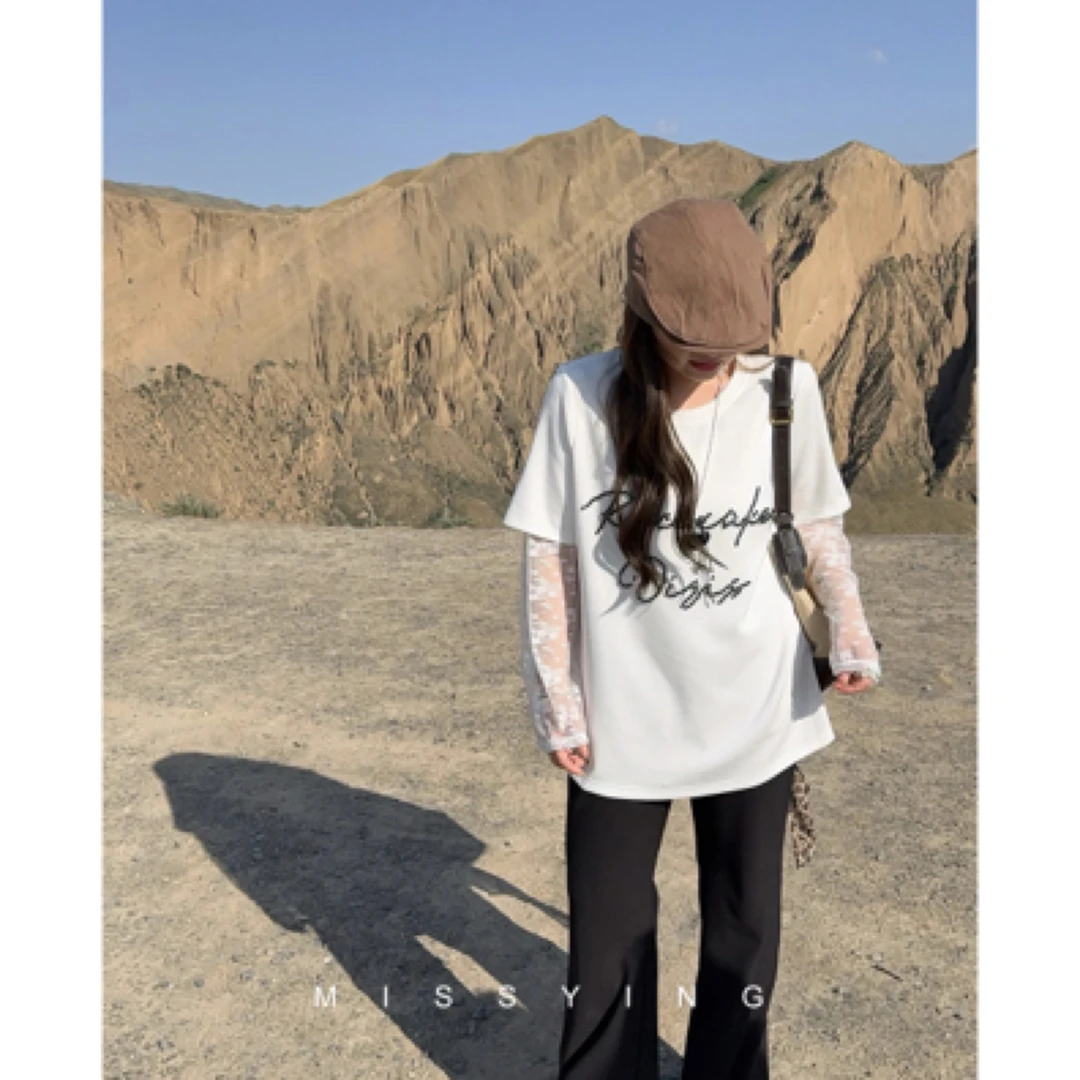 大码假两件定珠半袖蕾丝拼接显瘦版宽松