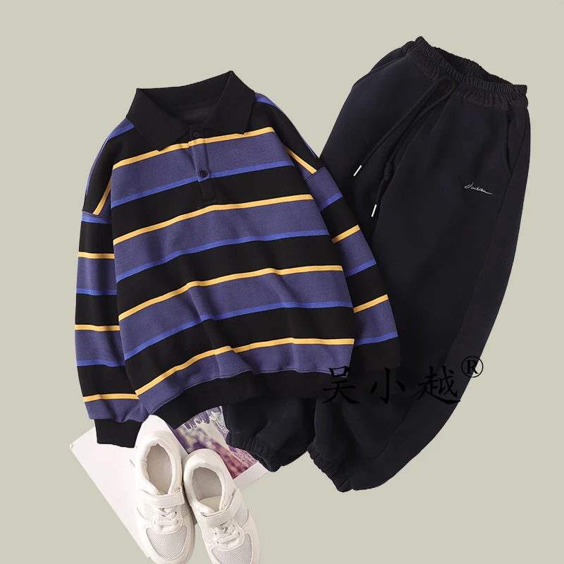 吴小越w1665男童条纹加绒卫衣秋冬新款韩版宽松儿童上衣男孩冬装