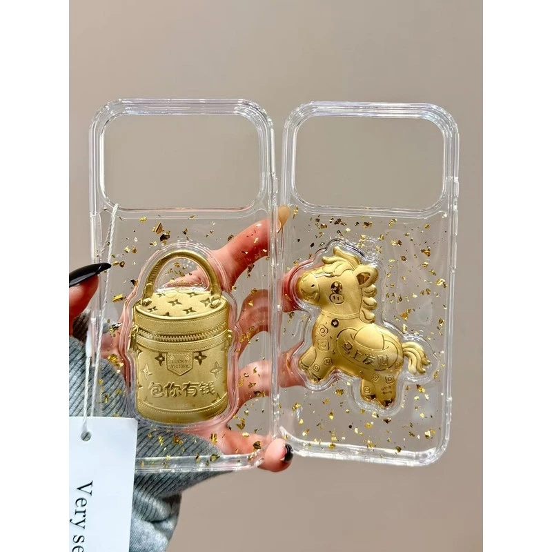 适用马上发财包你有钱苹果17pro滴胶金箔手机壳iPhone16/15/14/13
