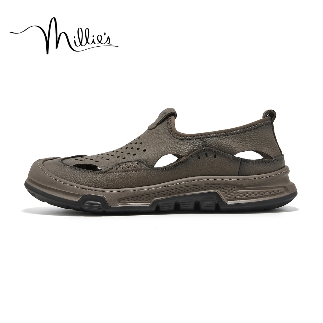 Millie's 妙丽 头层牛皮夏季轻便透气一脚蹬户外运动凉鞋男软底