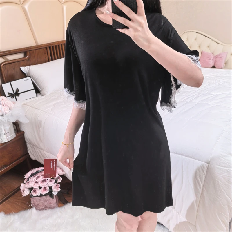 莫代尔带胸垫宽松纯色睡衣睡裙性感蕾丝花边慵懒风舒适气质可外出