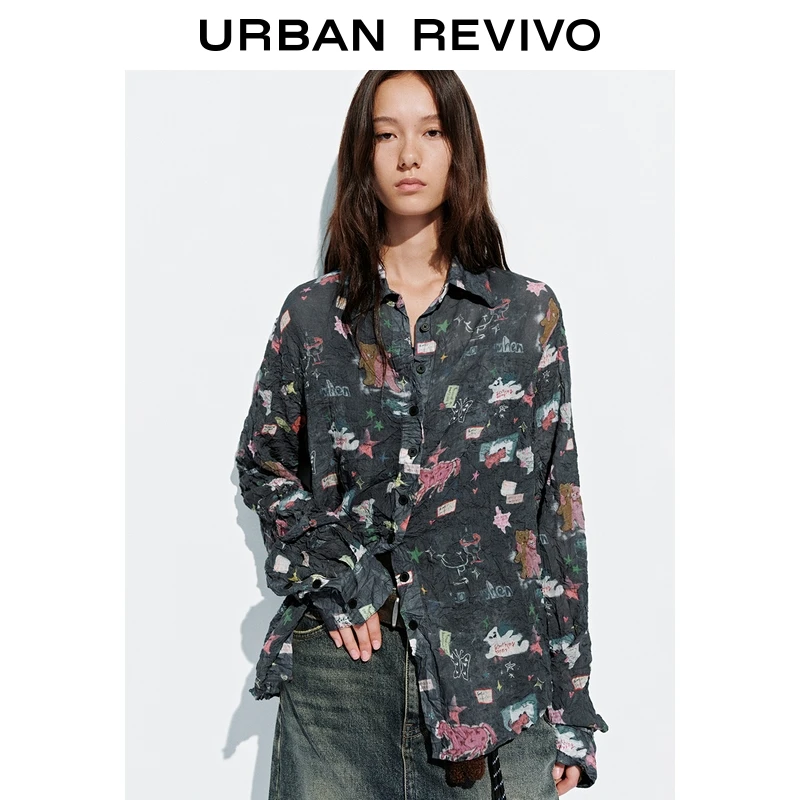 UR2025秋季新款女装潮流图案褶皱长袖开襟衬衫UYV250052