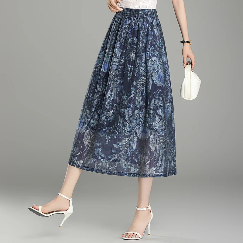 天丝亚麻a字网纱印花半身裙显瘦法式2025夏季中长轻薄碎花花苞裙