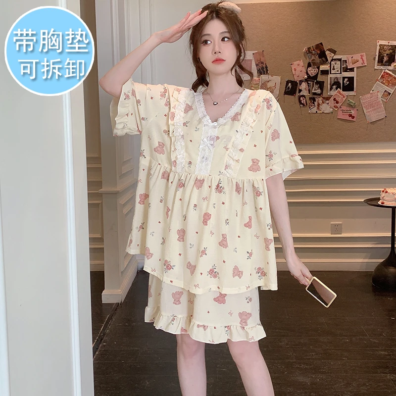 带胸垫大码睡衣短袖夏季新款纯棉加肥加大宽松胖MM夏天女士家居服