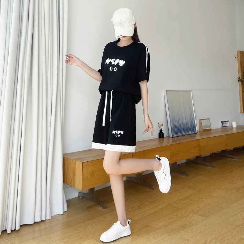 黑色印花短袖短裤套装女爆款夏季宽松时尚休闲运动跑步服两件套